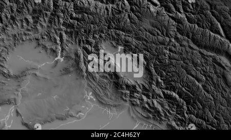 Azad Kashmir, area amministrata centralmente del Pakistan. Mappa in scala di grigi con laghi e fiumi. Forma delineata rispetto alla sua area di paese. Rendering 3D Foto Stock