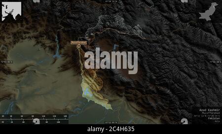 Azad Kashmir, area amministrata centralmente del Pakistan. Rilievo colorato con laghi e fiumi. Forma presentata contro la sua area di paese con informazioni Foto Stock