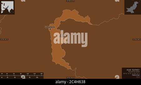 Azad Kashmir, area amministrata centralmente del Pakistan. Solidi modellati con laghi e fiumi. Forma presentata contro la sua area di paese con informazioni Foto Stock