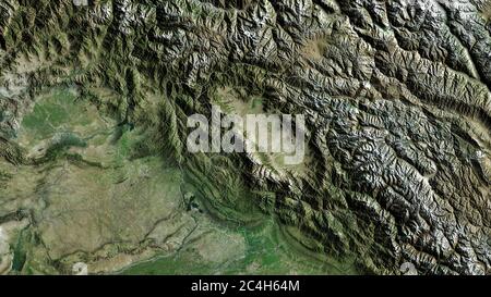 Azad Kashmir, area amministrata centralmente del Pakistan. Immagini satellitari. Forma delineata rispetto alla sua area di paese. Rendering 3D Foto Stock