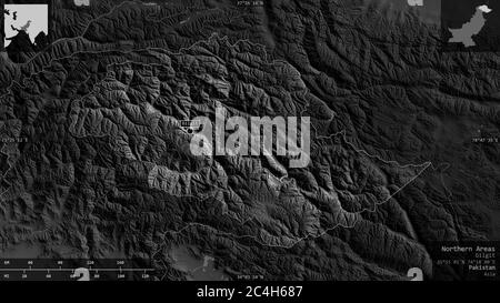 Aree settentrionali, area amministrata centralmente del Pakistan. Mappa in scala di grigi con laghi e fiumi. Forma presentata contro la sua area di paese con informazioni Foto Stock