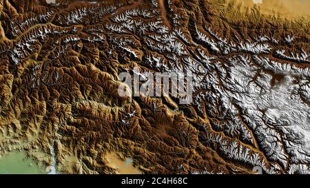 Aree settentrionali, area amministrata centralmente del Pakistan. Dati di shader colorati con laghi e fiumi. Forma delineata rispetto alla sua area di paese. Rendering 3D Foto Stock