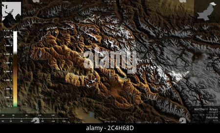 Aree settentrionali, area amministrata centralmente del Pakistan. Dati di shader colorati con laghi e fiumi. Forma presentata contro la sua area di paese con informazioni Foto Stock