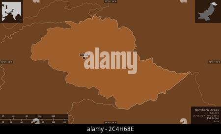 Aree settentrionali, area amministrata centralmente del Pakistan. Solidi modellati con laghi e fiumi. Forma presentata contro la sua zona di paese con informazioni Foto Stock