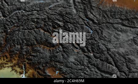 Aree settentrionali, area amministrata centralmente del Pakistan. Rilievo colorato con laghi e fiumi. Forma delineata rispetto alla sua area di paese. Rendering 3D Foto Stock