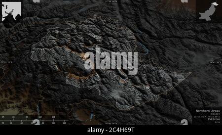 Aree settentrionali, area amministrata centralmente del Pakistan. Rilievo colorato con laghi e fiumi. Forma presentata contro la sua area di paese con informazioni Foto Stock