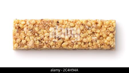 Vista dall'alto della barra energetica di granola isolata su bianco Foto Stock