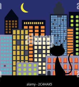 Gatto nero seduto sul muro guardando la città notte Illustrazione Vettoriale