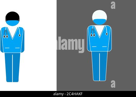 Icona medico uomo blu con stetoscopio bianco o nero Illustrazione Vettoriale