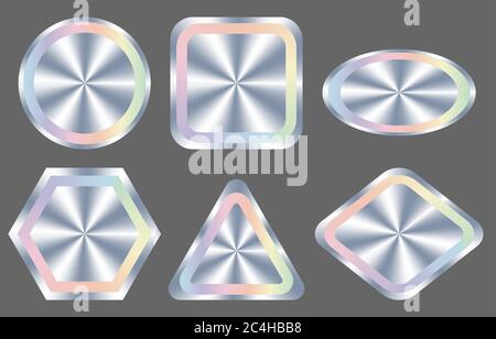 Kit ologrammi, set, pacchetto di forme diverse per il design premio, garanzia prodotto, design etichetta. Ologrammi metallici in argento vettoriale Illustrazione Vettoriale