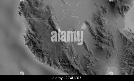 Sultan Kudarat, provincia delle Filippine. Mappa in scala di grigi con laghi e fiumi. Forma delineata rispetto alla sua area di paese. Rendering 3D Foto Stock