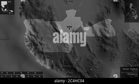 Sultan Kudarat, provincia delle Filippine. Mappa in scala di grigi con laghi e fiumi. Forma presentata contro la sua area di paese con overlay informativi. 3D Foto Stock