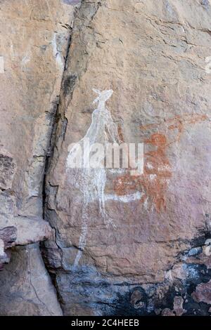 Burrungkuy, Australia - 12 marzo 2020: Arte rupestre aborigena nativa raffigurante un cacciatore e un canguro Foto Stock