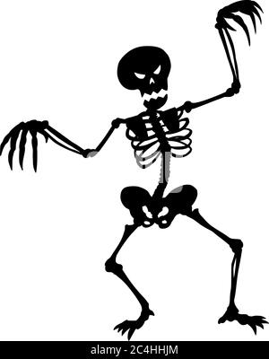 Disegno vettoriale illustrazione della silhouette nera dello scheletro di Halloween su sfondo bianco. Illustrazione Vettoriale