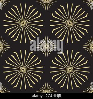 Pattern senza giunture con linee a forma di raggi divergenti. Struttura in nero e oro. Sfondo art deco vintage. Design grafico semplice e moderno. Vettore Illustrazione Vettoriale