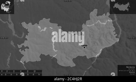 Mordovia, repubblica di Russia. Mappa in scala di grigi con laghi e fiumi. Forma presentata contro la sua area di paese con overlay informativi. Rendering 3D Foto Stock