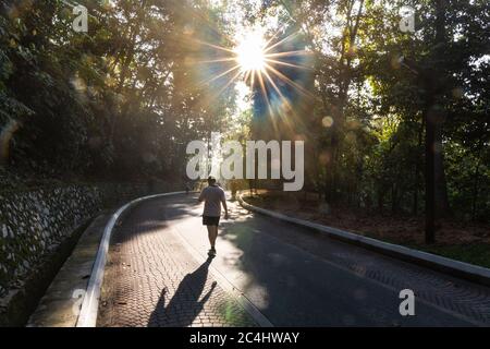 Le persone si esercitano a piedi brilla nel parco naturale con i raggi del sole del mattino in Malesia Foto Stock