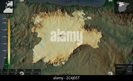 Castilla y León, comunità autonoma della Spagna. Dati di shader colorati con laghi e fiumi. Forma presentata contro la sua area di paese con o informativo Foto Stock