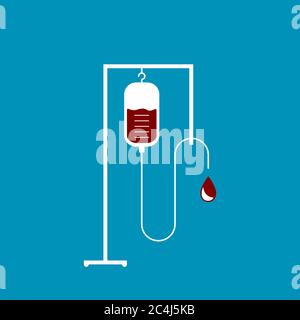 Supporto per infusione endovenosa con flacone per trasfusione di sangue. Sacchetto antigoccia con globuli rossi in confezione. Concetto di donazione di sangue. Asta di sospensione ospedaliera per infusioni endovenose. Illustrazione Vettoriale