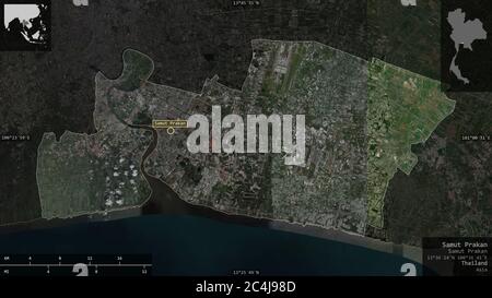 Samut Prakan, provincia della Thailandia. Immagini satellitari. Forma presentata contro la sua area di paese con overlay informativi. Rendering 3D Foto Stock