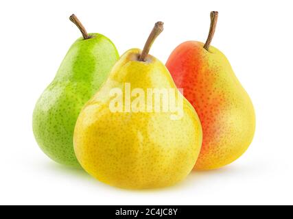 Tre pere isolate. Giallo, verde e giallo pera rosso frutti isolati su sfondo bianco Foto Stock