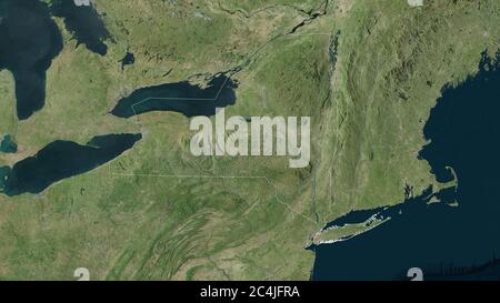 New York, stato degli Stati Uniti. Immagini satellitari. Forma delineata rispetto alla sua area di paese. Rendering 3D Foto Stock