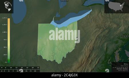 Ohio, stato degli Stati Uniti. Dati di shader colorati con laghi e fiumi. Forma presentata contro la sua area di paese con overlay informativi. Rendering 3D Foto Stock