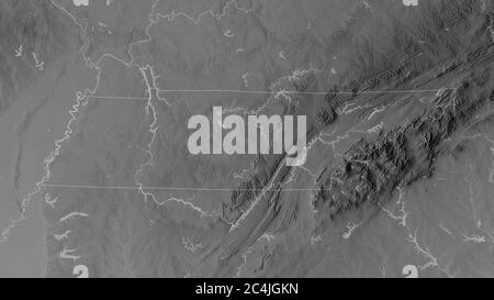 Tennessee, stato degli Stati Uniti. Mappa in scala di grigi con laghi e fiumi. Forma delineata rispetto alla sua area di paese. Rendering 3D Foto Stock