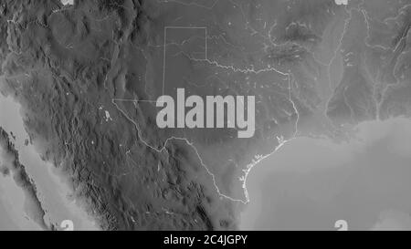 Texas, stato degli Stati Uniti. Mappa in scala di grigi con laghi e fiumi. Forma delineata rispetto alla sua area di paese. Rendering 3D Foto Stock