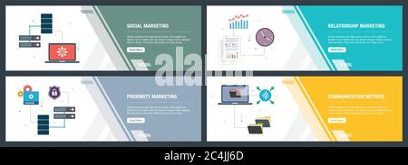 Set di Banner con icone per internet su siti web o app di modelli con rete di computer, Documenti organizzazione , video server di dati e la connessione wireless Illustrazione Vettoriale