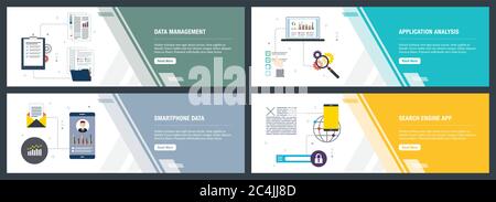 Banner Web concetto nel vettore con gestione dei dati, analisi di applicazioni, dati dello smartphone e del motore di ricerca app. Il sito internet di concetto di banner con Illustrazione Vettoriale