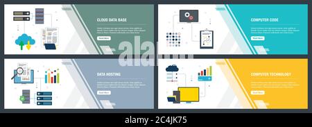 Set di vettore verticale di banner per il web con il cloud base dati, codice di computer, l'hosting dei dati e la tecnologia del computer. Vettore modello di banner per il sito web e m Illustrazione Vettoriale