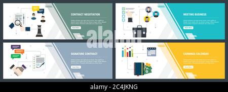Set di vettore di verticale banner web con contratto negotitation, meeting, firma contratto, guadagni calendario. Vector modello di pagina di intestazione per noi Illustrazione Vettoriale