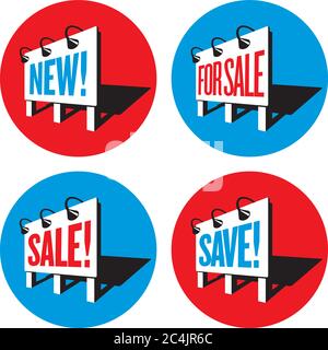 Set di quattro logo o badge per cartelloni con messaggi di marketing e di vendita. Illustrazione Vettoriale