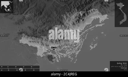 Quảng Ninh, provincia del Vietnam. Mappa in scala di grigi con laghi e fiumi. Forma presentata contro la sua area di paese con overlay informativi. Rendering 3D Foto Stock