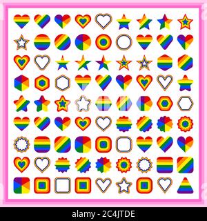 Forme di allarme LGBT. Forme di cerchio, stella, esagono, cuore, quadrato, triangolo. Set di segni in colori arcobaleno per l'uso in LGBTQI Pride Event, LGBT Pride Mo Illustrazione Vettoriale