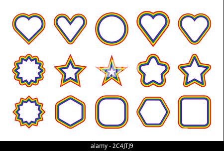 Allarme LGBT. Cerchi, stelle, esagonali, cuore, forme quadrate con cornice in colori arcobaleno. Set di segni da utilizzare in LGBTQI Pride Event, LBGT Pride Month o G. Illustrazione Vettoriale
