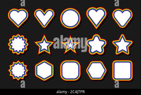 Allarme LGBT. Cerchi, stelle, esagonali, cuore, forme quadrate con cornice in colori arcobaleno. Set di segni da utilizzare in LGBTQI Pride Event, LBGT Pride Month o G. Illustrazione Vettoriale