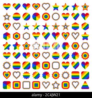 Forme di allarme LGBT. Forme di cerchio, stella, esagono, cuore, quadrato, triangolo. Set di segni in colori arcobaleno per l'uso in LGBTQI Pride Event, LGBT Pride Mo Illustrazione Vettoriale