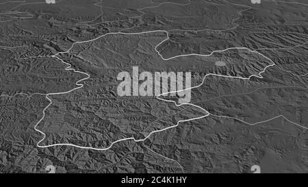 Ingrandisci Bamyan (provincia dell'Afghanistan) delineato. Prospettiva obliqua. Mappa di elevazione bilivello con acque di superficie. Rendering 3D Foto Stock