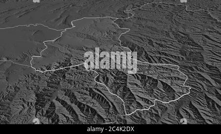 Ingrandisci Takhar (provincia dell'Afghanistan) delineato. Prospettiva obliqua. Mappa di elevazione bilivello con acque di superficie. Rendering 3D Foto Stock