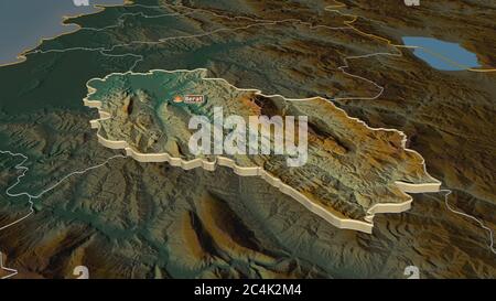 Ingrandisci Berat (contea dell'Albania) estruso. Prospettiva obliqua. Mappa topografica dei rilievi con acque superficiali. Rendering 3D Foto Stock