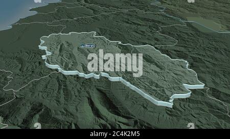 Ingrandisci Berat (contea dell'Albania) estruso. Prospettiva obliqua. Mappa colorata e bombata della divisione amministrativa con acque superficiali. 3D rend Foto Stock