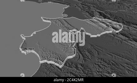 Zoom in su Durrës (contea di Albania) estruso. Prospettiva obliqua. Mappa di elevazione bilivello con acque di superficie. Rendering 3D Foto Stock