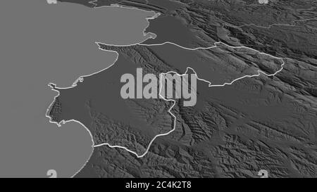 Ingrandisci Durrës (contea dell'Albania). Prospettiva obliqua. Mappa di elevazione bilivello con acque di superficie. Rendering 3D Foto Stock