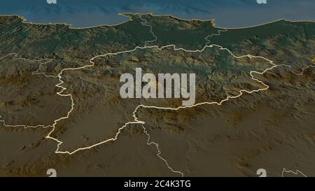 Ingrandisci Guelma (provincia dell'Algeria) delineato. Prospettiva obliqua. Mappa topografica dei rilievi con acque superficiali. Rendering 3D Foto Stock