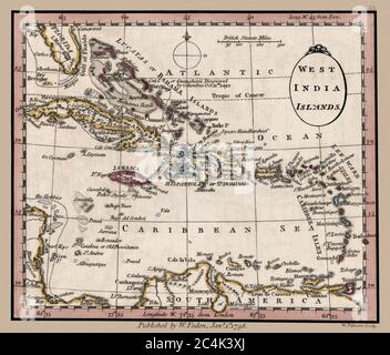 "Isole dell'India occidentale". La mappa mostra le isole e i punti di riferimento importanti del Mar dei Caraibi. Si tratta di una riproduzione di mappe storiche splendidamente dettagliata. Originale da un atlante britannico pubblicato dal famoso cartografo William Faden è stato creato intorno al 1798. Foto Stock