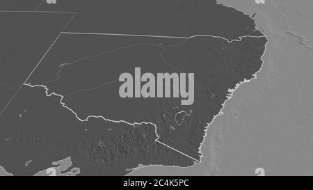 Ingrandisci il nuovo Galles del Sud (stato dell'Australia) delineato. Prospettiva obliqua. Mappa di elevazione bilivello con acque di superficie. Rendering 3D Foto Stock