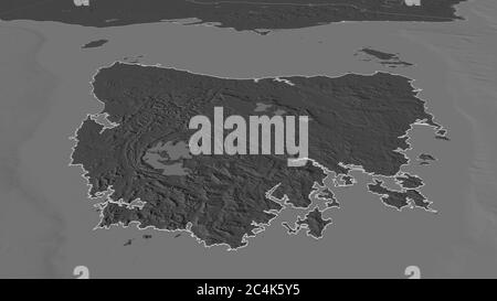 Ingrandisci Tasmania (stato dell'Australia) delineato. Prospettiva obliqua. Mappa di elevazione bilivello con acque di superficie. Rendering 3D Foto Stock