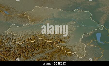 Zoom avanti su Niederösterreich (stato dell'Austria) delineato. Prospettiva obliqua. Mappa topografica dei rilievi con acque superficiali. Rendering 3D Foto Stock